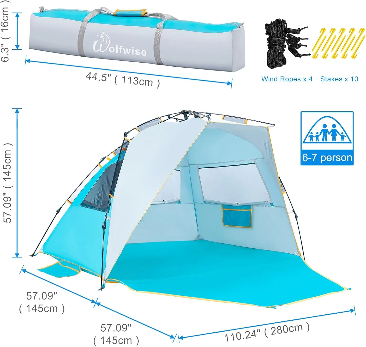 WolfWise 6-7 Person Easy Up Beach Tent UPF 50  Portable Instant Sun Shelter Canopy Umbrella with Extended Zippered Porch, Blue
