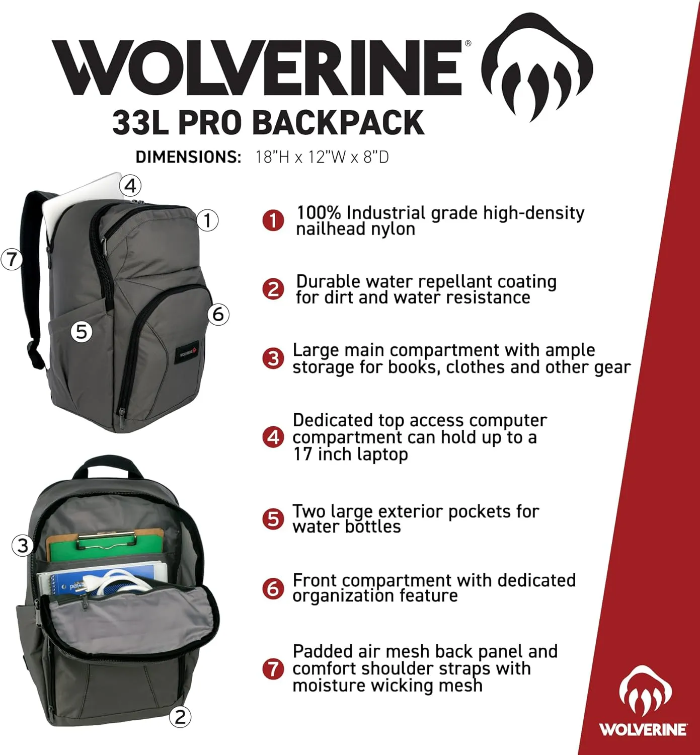 WOLVERINE Lightweight, Water Resistant Rugged Laptop Backpack for Travel or Work, Pro-Gunmetal, 33L