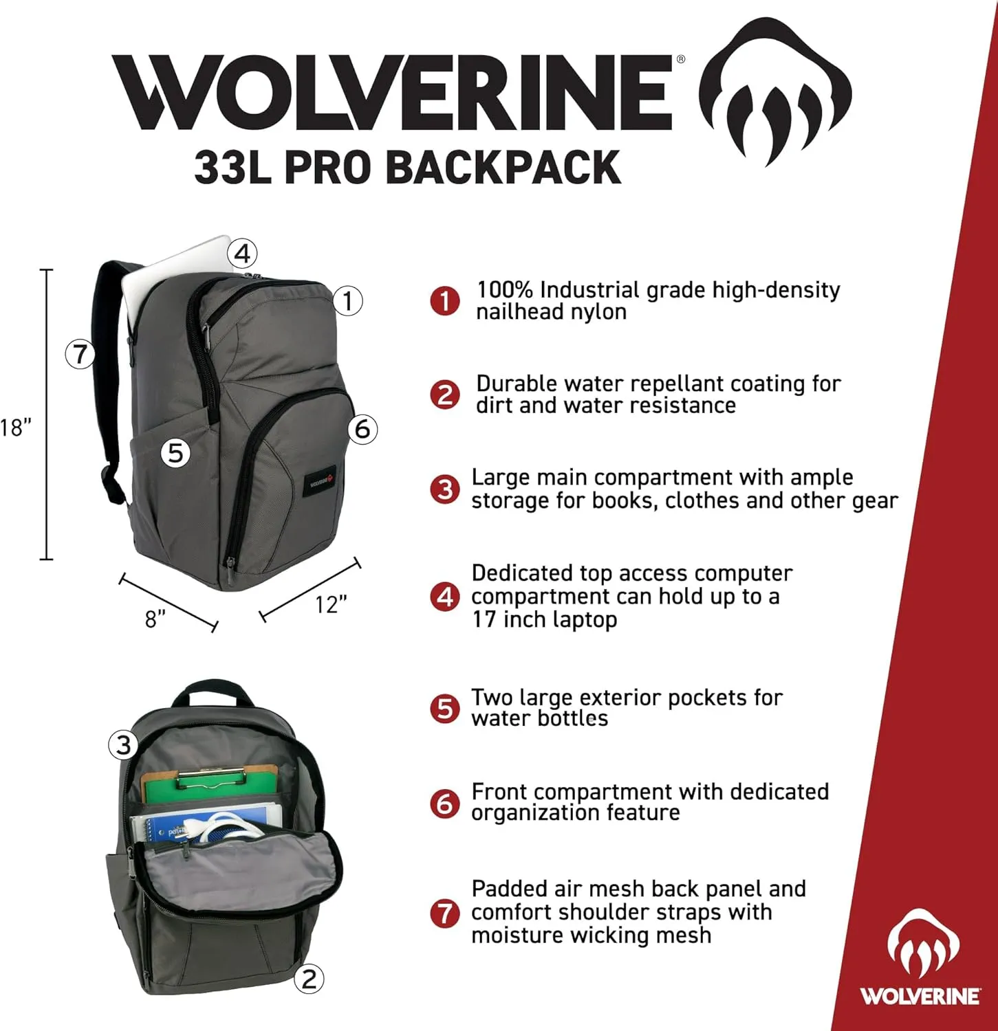 WOLVERINE Lightweight, Water Resistant Rugged Laptop Backpack for Travel or Work, Pro-Gunmetal, 33L