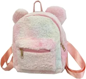 Women Mini Cute Bear Ear Fuzzy Backpack, Winter Warm Plush Soft Furry Casual Daypack, Fashion Small Travel Bag (Colorful,Women,Polyester,Adult,Hand Wash Only,China)