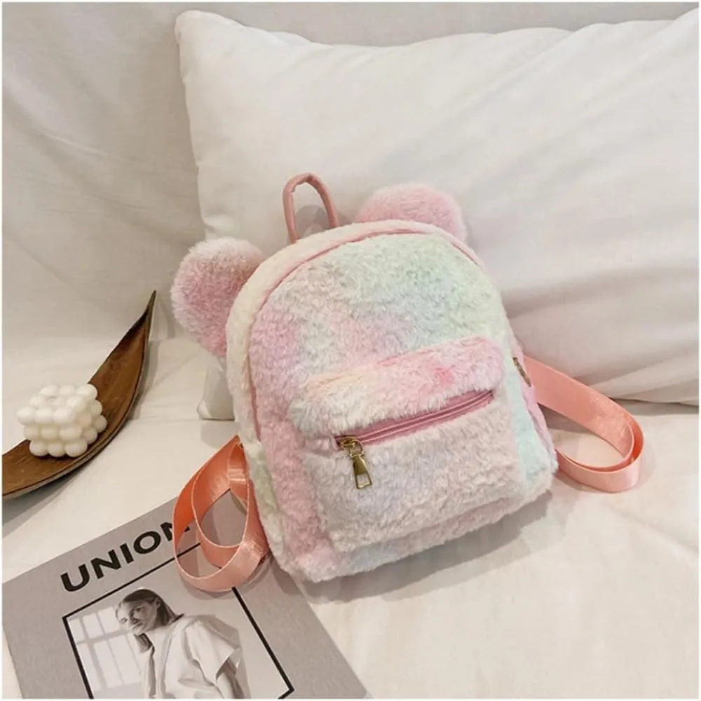 Women Mini Cute Bear Ear Fuzzy Backpack, Winter Warm Plush Soft Furry Casual Daypack, Fashion Small Travel Bag (Colorful,Women,Polyester,Adult,Hand Wash Only,China)