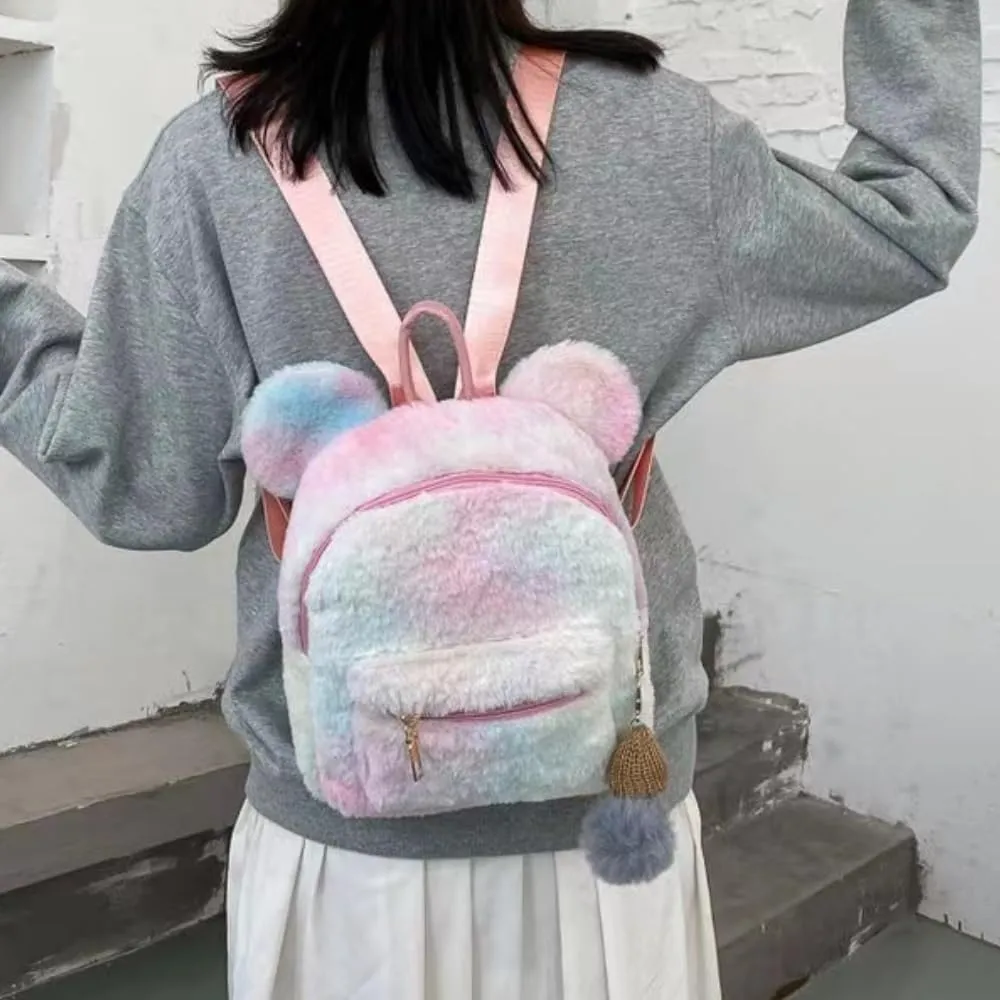 Women Mini Cute Bear Ear Fuzzy Backpack, Winter Warm Plush Soft Furry Casual Daypack, Fashion Small Travel Bag (Colorful,Women,Polyester,Adult,Hand Wash Only,China)