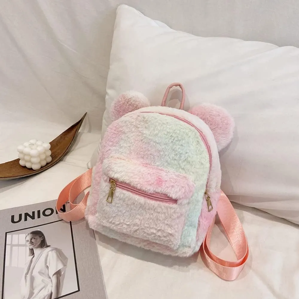 Women Mini Cute Bear Ear Fuzzy Backpack, Winter Warm Plush Soft Furry Casual Daypack, Fashion Small Travel Bag (Colorful,Women,Polyester,Adult,Hand Wash Only,China)