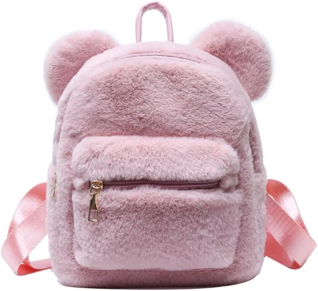Women Mini Cute Bear Ear Fuzzy Backpack, Winter Warm Plush Soft Furry Casual Daypack, Fashion Small Travel Bag (Pink A,Women,Polyester,Adult,Hand Wash Only,China)