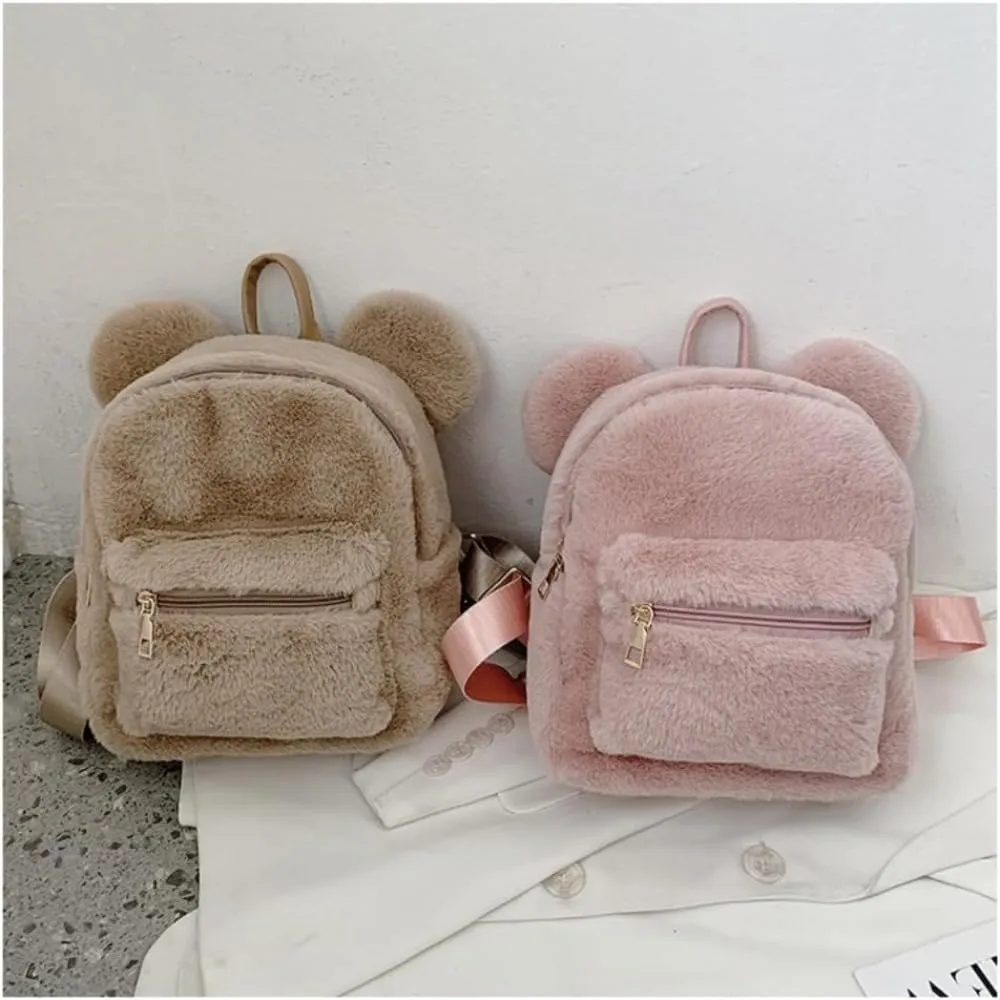 Women Mini Cute Bear Ear Fuzzy Backpack, Winter Warm Plush Soft Furry Casual Daypack, Fashion Small Travel Bag (Pink A,Women,Polyester,Adult,Hand Wash Only,China)