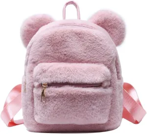 Women Mini Cute Bear Ear Fuzzy Backpack, Winter Warm Plush Soft Furry Casual Daypack, Fashion Small Travel Bag (Pink A,Women,Polyester,Adult,Hand Wash Only,China)