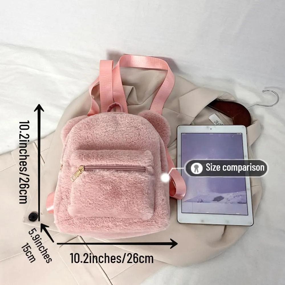 Women Mini Cute Bear Ear Fuzzy Backpack, Winter Warm Plush Soft Furry Casual Daypack, Fashion Small Travel Bag (Pink A,Women,Polyester,Adult,Hand Wash Only,China)