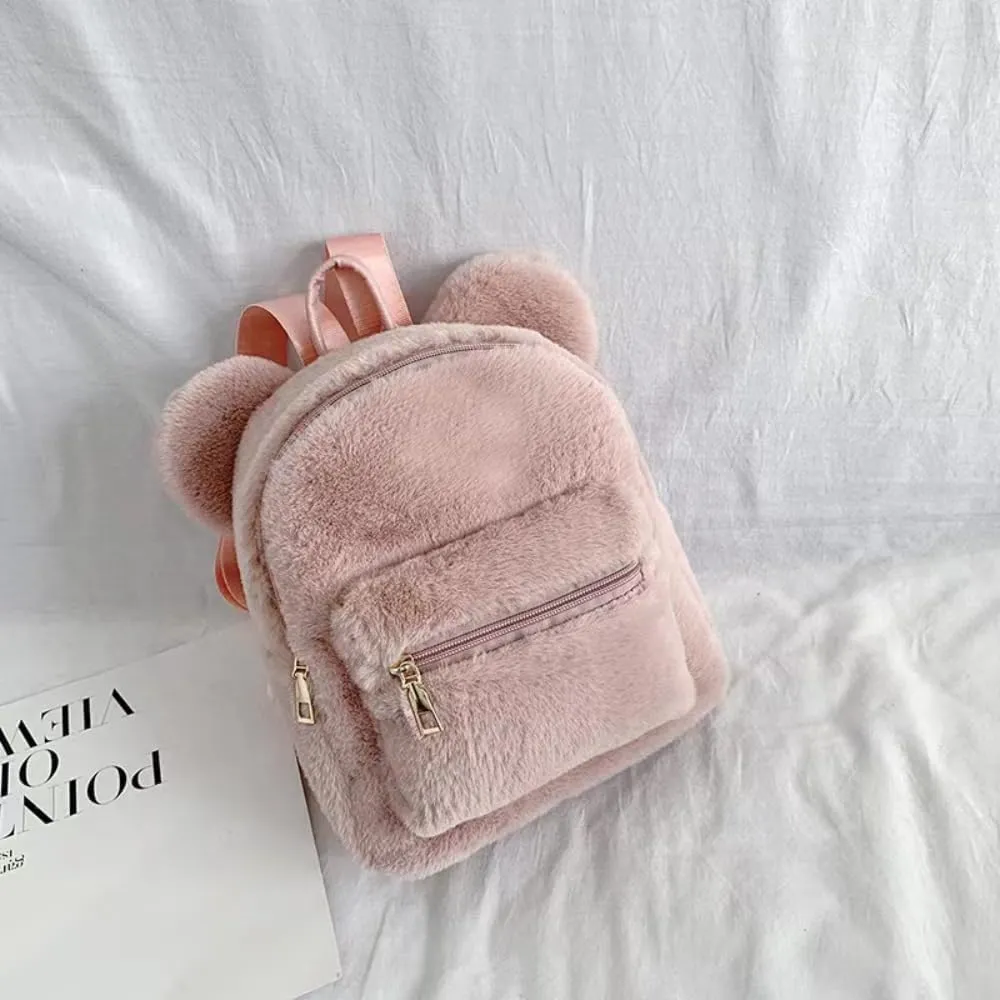 Women Mini Cute Bear Ear Fuzzy Backpack, Winter Warm Plush Soft Furry Casual Daypack, Fashion Small Travel Bag (Pink A,Women,Polyester,Adult,Hand Wash Only,China)