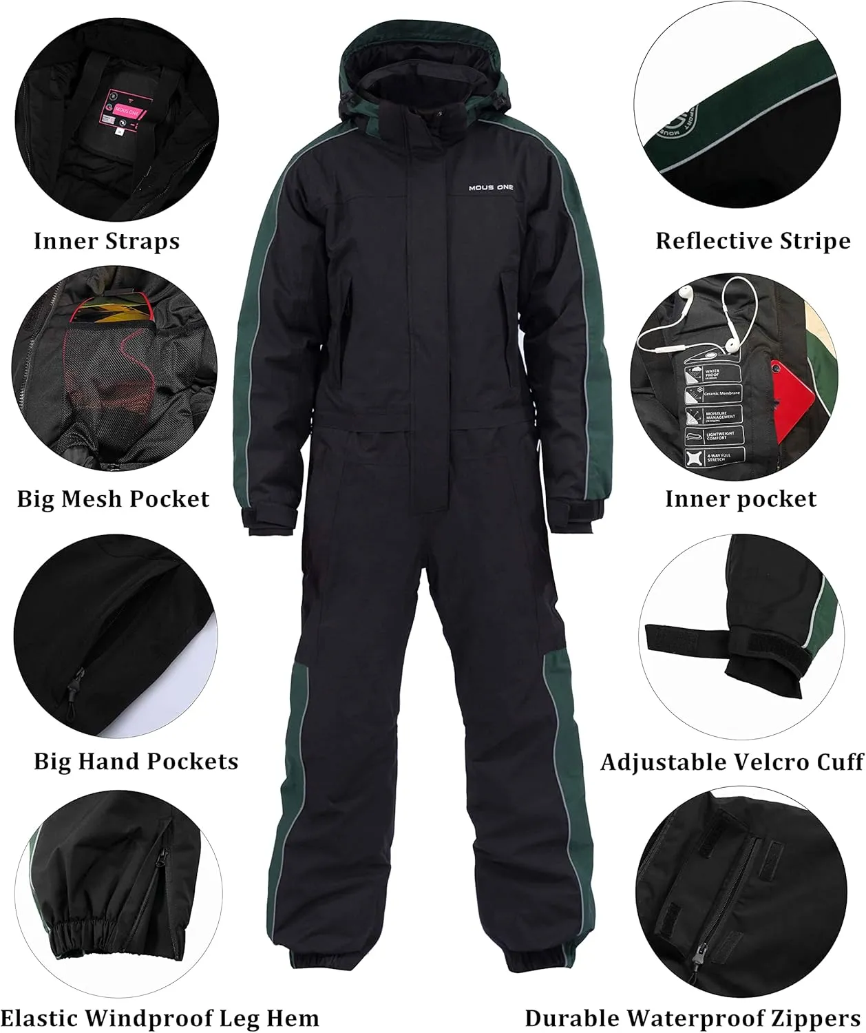 Women One Pieces Ski Suits Waterproof Warm Insulated Ski Jumpsuit Removable Hood Snowsuit for Snow Sport