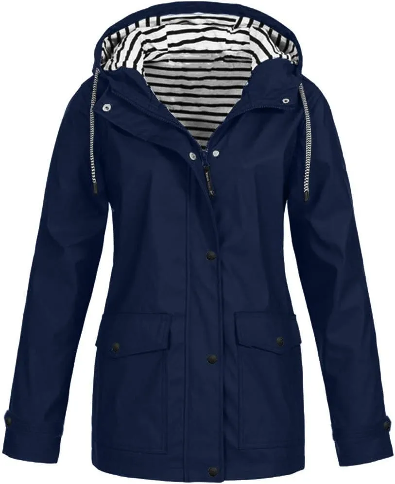 Women Waterproof Outdoor Hiking Raincoat Women Lined Rain Jacket Lightweight Hooded Jackets Trench Coats