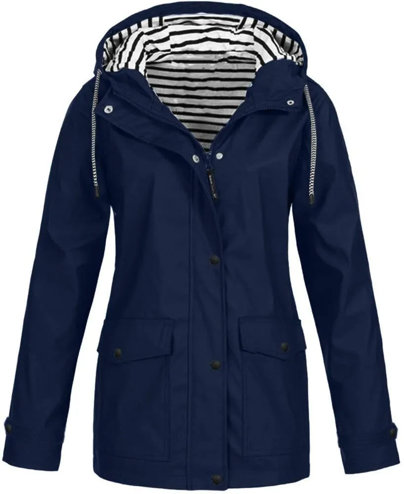 Women Waterproof Outdoor Hiking Raincoat Women Lined Rain Jacket Lightweight Hooded Jackets Trench Coats