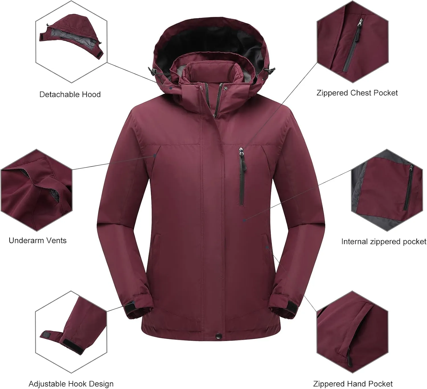 Women's 3 in 1 Ski Jacket Mountain Waterproof Windproof Winter Snow Coat Hike Snowboarding Jackets Hooded Warm Raincoat