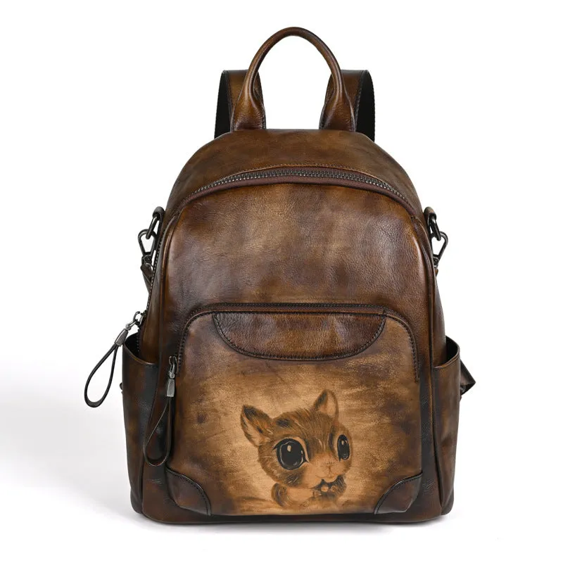 Women's First Layer Cowhide Chinese Style Retro Backpacks