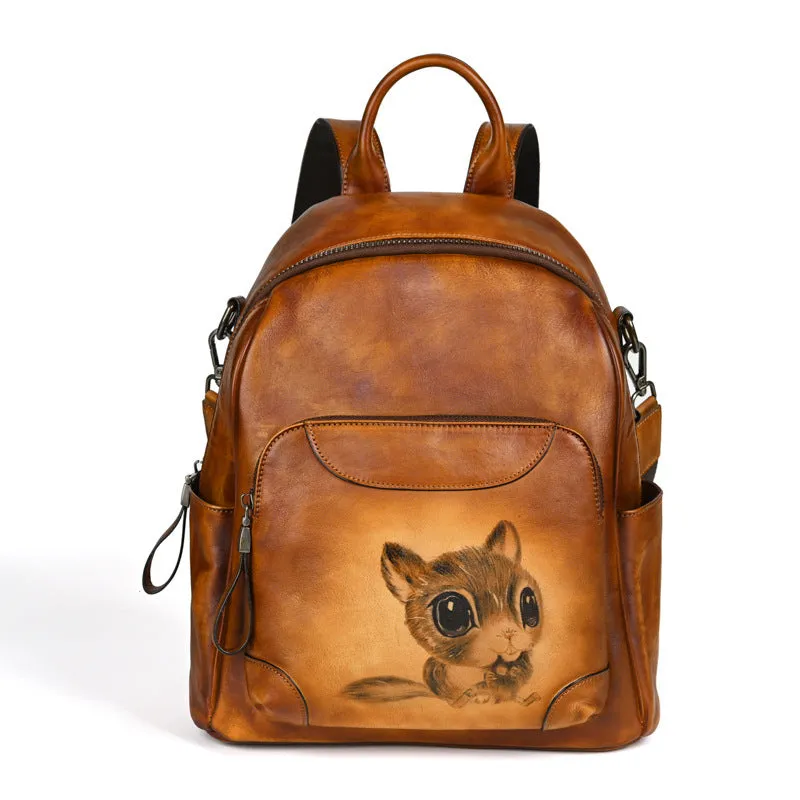 Women's First Layer Cowhide Chinese Style Retro Backpacks