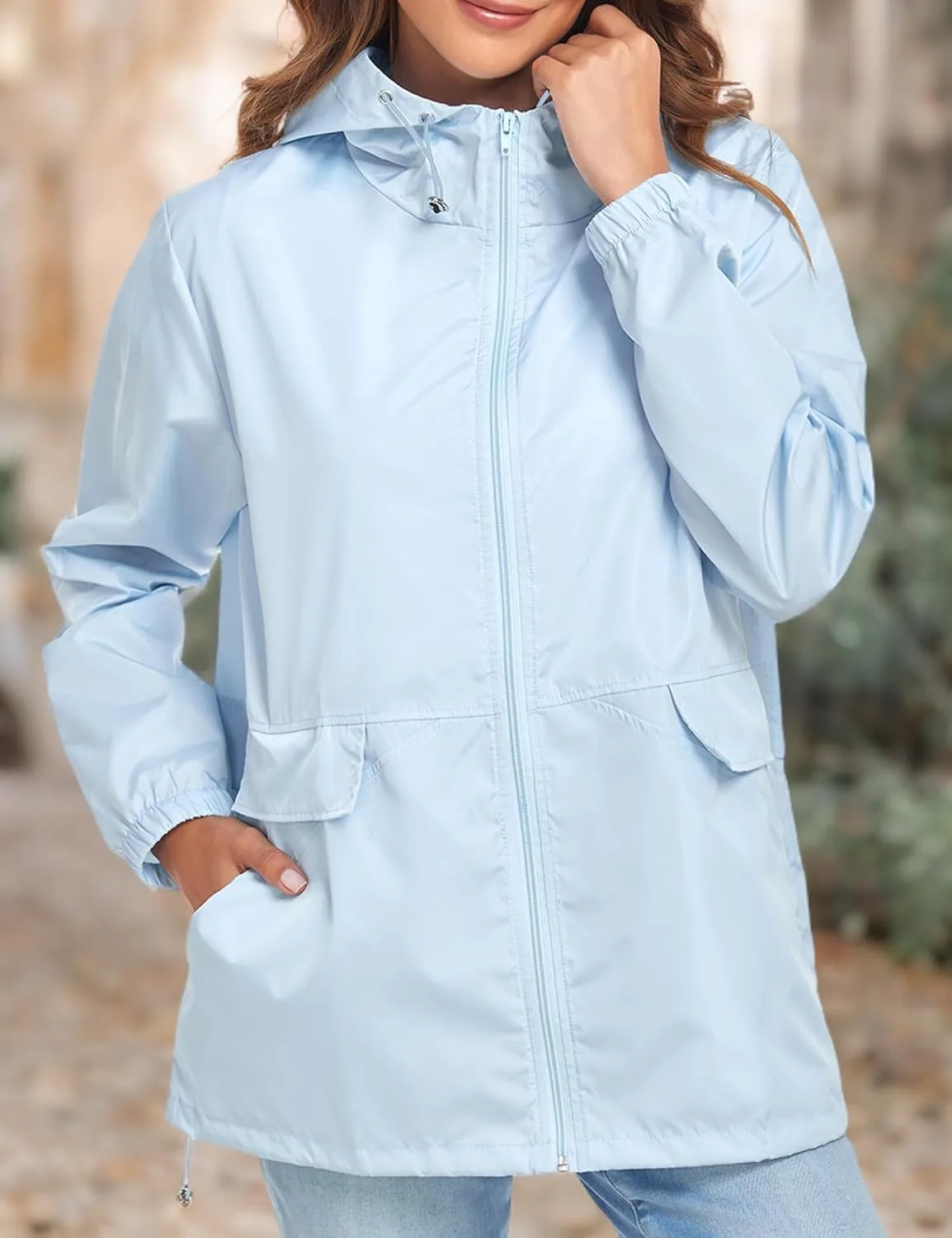 Women's Lightweight Raincoat Waterproof Packable Outdoor Windproof Hooded Active Rain Jacket S-XXL