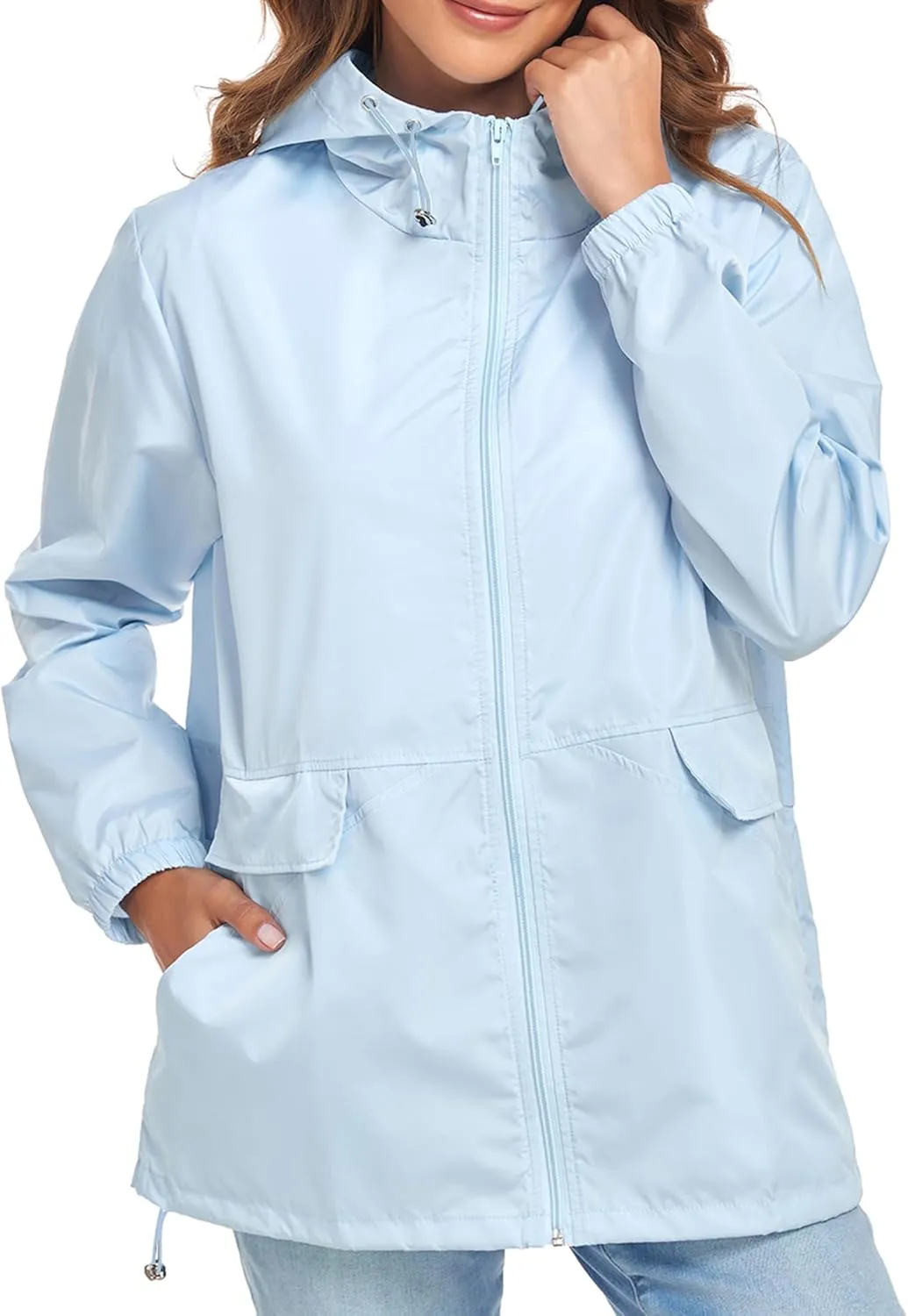 Women's Lightweight Raincoat Waterproof Packable Outdoor Windproof Hooded Active Rain Jacket S-XXL