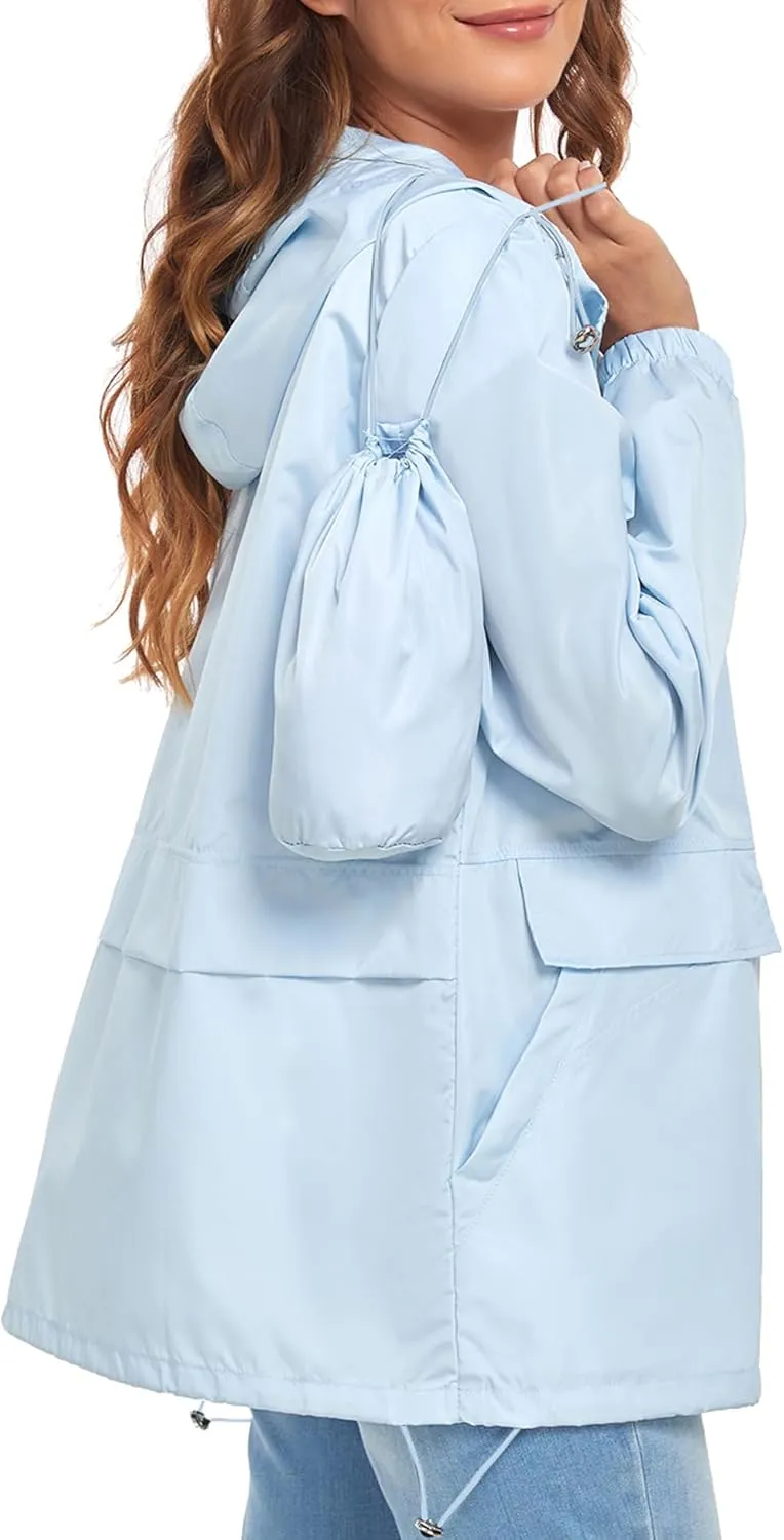 Women's Lightweight Raincoat Waterproof Packable Outdoor Windproof Hooded Active Rain Jacket S-XXL