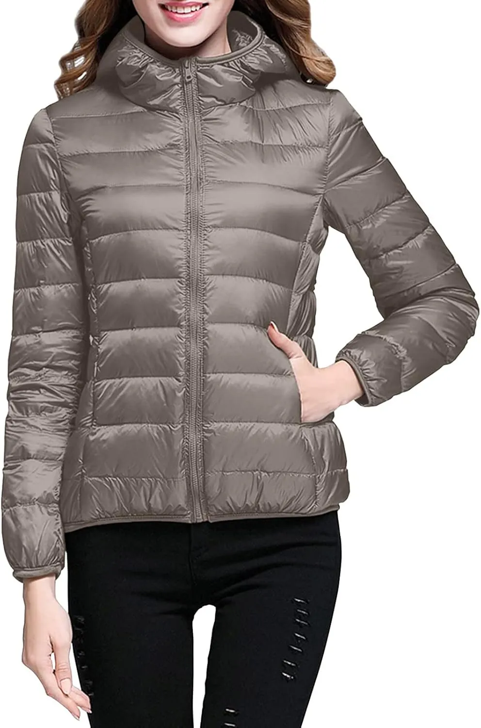 Women's Winter Coats Lightweight Packable Hooded Puffer Jacket Warm Down Coat Ski Coat Long Sleeve Zip Up Quilted Overcoat