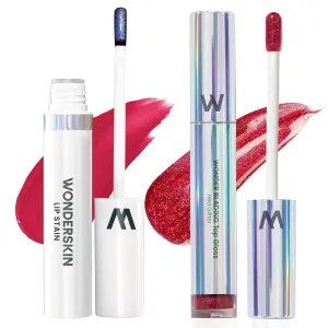 Wonderskin Wonder Blading Lip Stain Peel Off Masque - Long Lasting, Waterproof (First Kiss) with Top Gloss - Red Glitter Lip Gloss, Hydrating and High Shine Finish