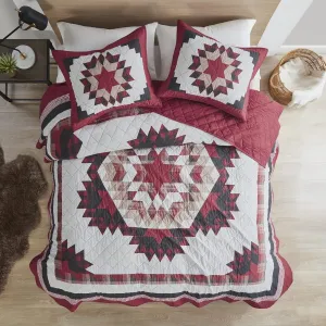 Woolrich Compass Reversible Quilt Set - Cottage Styling Reversed to Solid Color, All Season Lightweight Coverlet, Cozy Bedding Layer, Matching Shams, Oversized Full/Queen, Southwestern Red 3 Piece