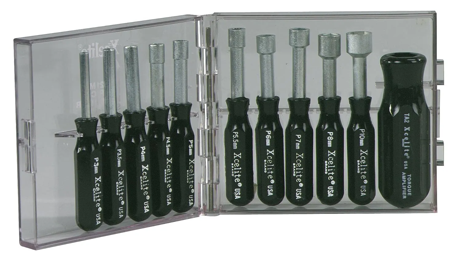 Xcelite PS121MM 11 Piece Compact Convertible Nutdriver Set with Clear Plastic Case, Black Handles