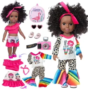XFEYUE14.5 inch Black Doll,2 Sets Clothes and Accessories, African American Baby Girl Doll,Glasses, Camera, Bag &Shoes for Kids Girls