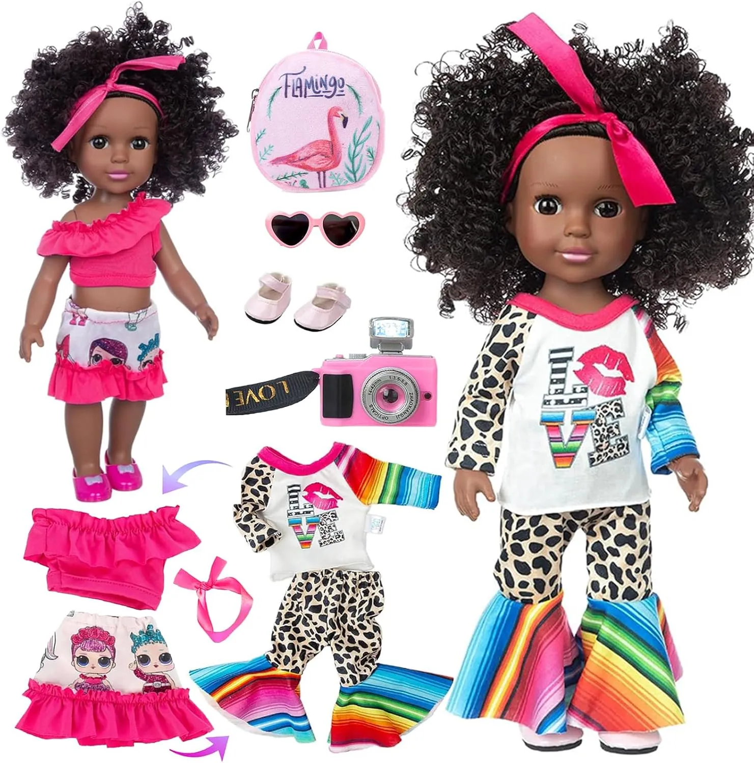 XFEYUE14.5 inch Black Doll,2 Sets Clothes and Accessories, African American Baby Girl Doll,Glasses, Camera, Bag &Shoes for Kids Girls