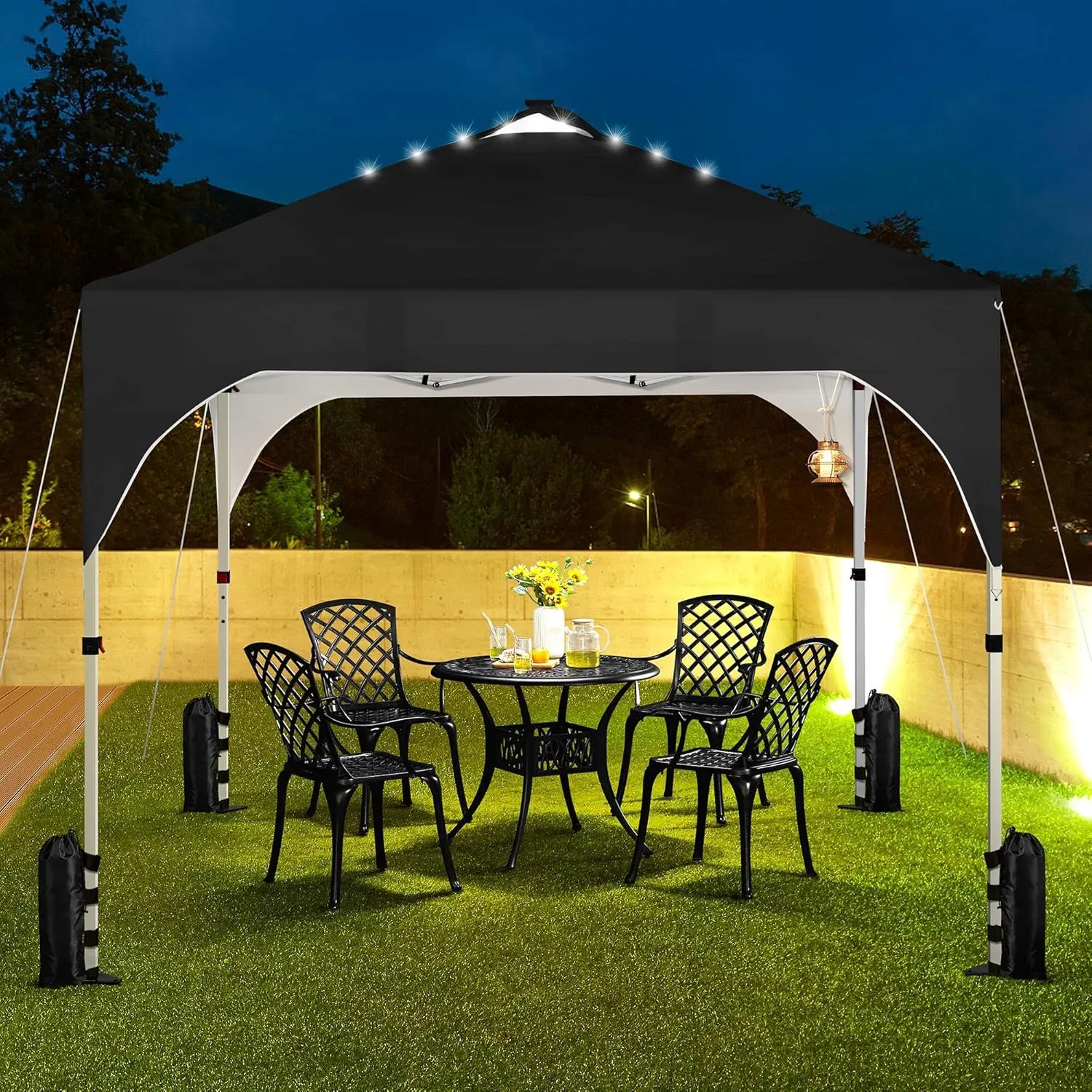 Yaheetech 10x10 Pop-Up Canopy Tent with 17 Solar LED Lights & Top Vent, Portable Outdoor Canopy Easy Setup Sun Shade Canopy Adjustable Tent with Wheeled Bag, 12 Stakes, 4 Sandbags & 4 Ropes, Black