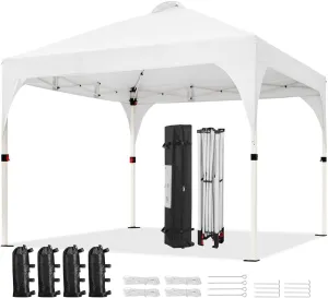 Yaheetech 10x10 Pop Up Canopy Tent with Vent, Easy Set Up Tent, Instant Sun Shelter Canopy with Wheeled Bag, 4 Sandbags, 12 Stakes & 4 Ropes, for Parties, Beach, Outdoor, Silver-Coated White