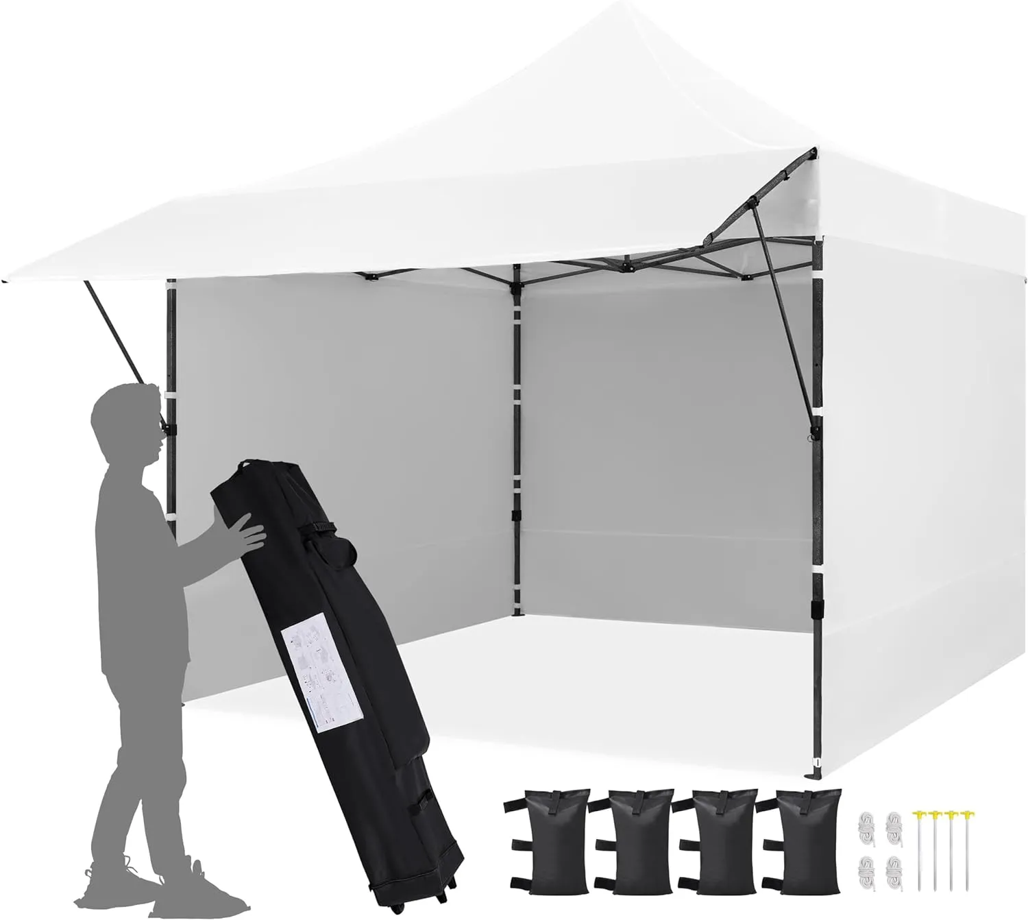Yaheetech 10x10 Pop up Commercial Canopy Tent with 3 Removable Sidewalls & Awning, Portable Freestanding Shelter, Outdoor Heavy Duty Party Canopies W/Roller Bag, 4 Sandbags, Stakes & Ropes, White