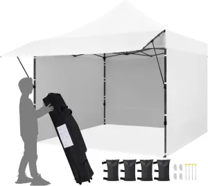 Yaheetech 10x10 Pop up Commercial Canopy Tent with 3 Removable Sidewalls & Awning, Portable Freestanding Shelter, Outdoor Heavy Duty Party Canopies W/Roller Bag, 4 Sandbags, Stakes & Ropes, White