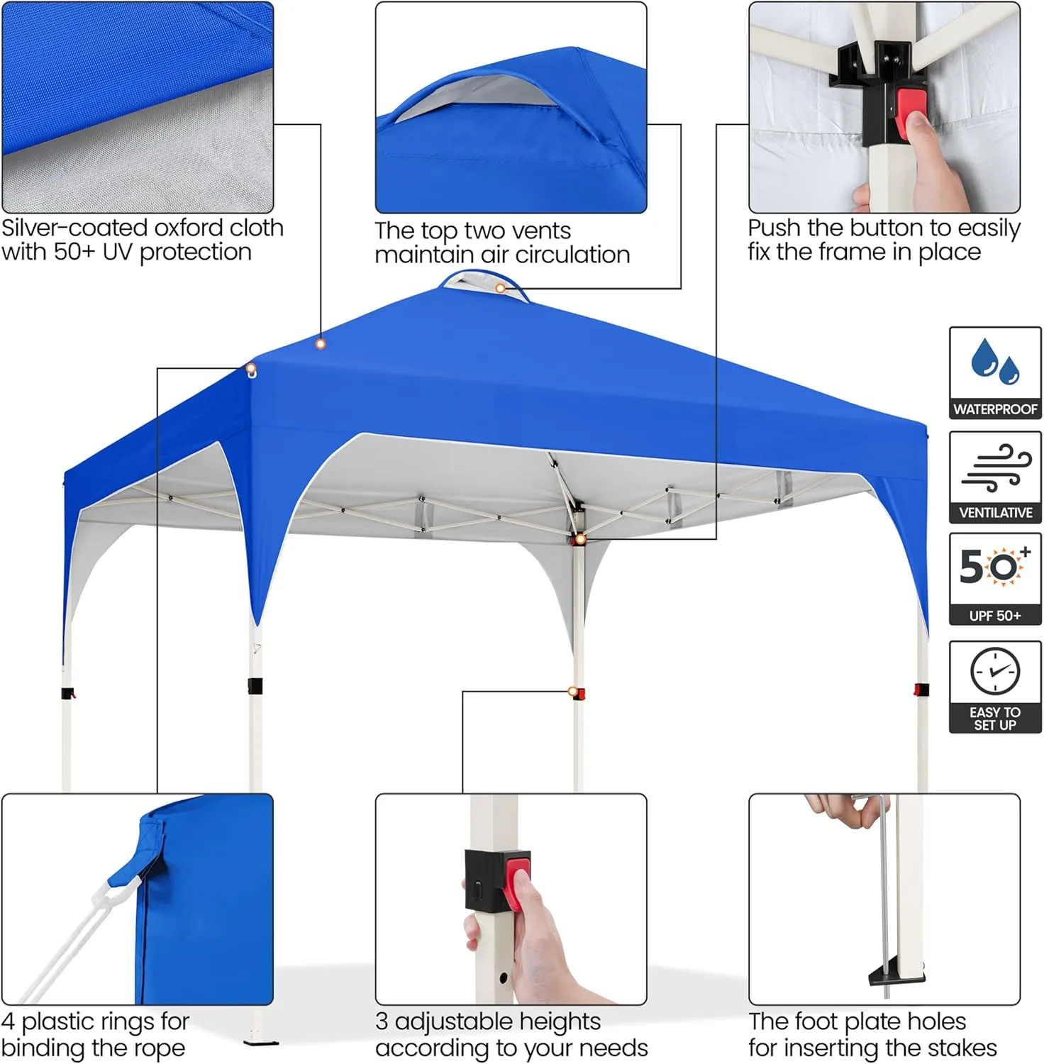 Yaheetech 6.6x6.6 Pop Up Canopy Tent with Vent, Easy Set Up Tent, Instant Sun Shelter Canopy with Wheeled Bag, 4 Sandbags, 8 Stakes & 4 Ropes, for Parties, Beach, Outdoor, Blue