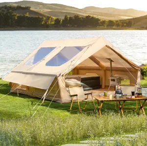 YOLENY 13x10FT Inflatable Camping Tent with Stove Jack & Mesh Windows & Pump, 6-8 Person Glamping Tents with Clear Skylight, 300D Oxford Waterproof, Easy Setup 4 Season Windproof