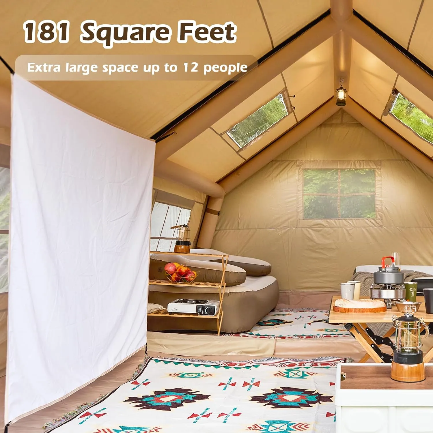 YOLENY Inflatable Tents for Camping, 4/6/8/10/12 Person Tent with TPU Skylight, Mesh Windows, Stove Jack & Pump, Easy Setup 4 Season Glamping Tent, Waterproof & Windproof