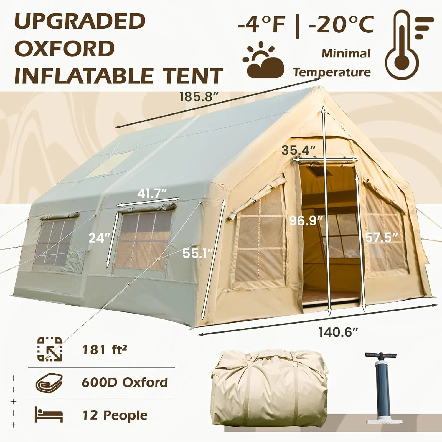 YOLENY Inflatable Tents for Camping, 4/6/8/10/12 Person Tent with TPU Skylight, Mesh Windows, Stove Jack & Pump, Easy Setup 4 Season Glamping Tent, Waterproof & Windproof