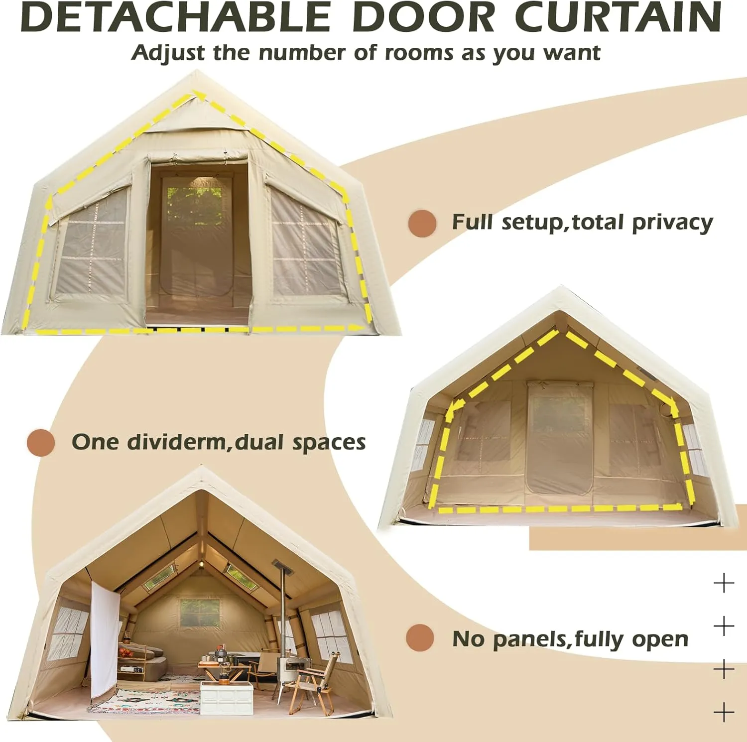 YOLENY Inflatable Tents for Camping, 4/6/8/10/12 Person Tent with TPU Skylight, Mesh Windows, Stove Jack & Pump, Easy Setup 4 Season Glamping Tent, Waterproof & Windproof