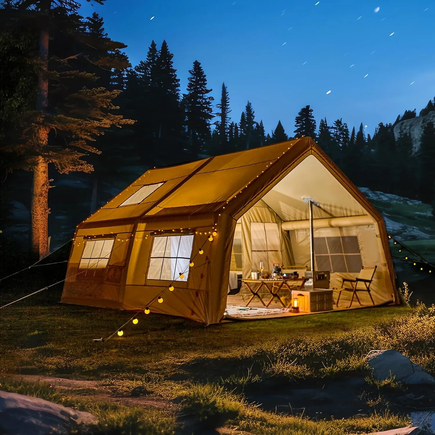 YOLENY Inflatable Tents for Camping, 4/6/8/10/12 Person Tent with TPU Skylight, Mesh Windows, Stove Jack & Pump, Easy Setup 4 Season Glamping Tent, Waterproof & Windproof