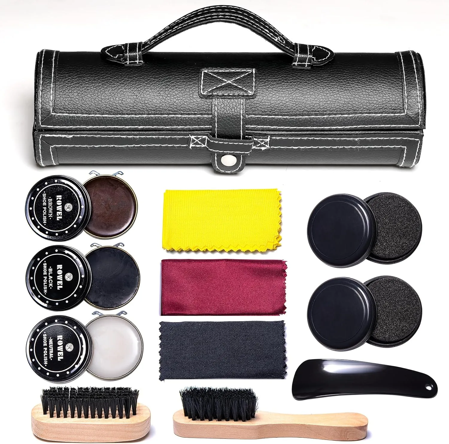 YUET 12PC Shoe Shine Kit Leather Boot Polish Kit w/Brushes and Brown, Black, Neutral Polish for Shoe Care and Cleaning