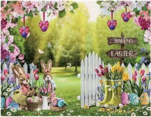 YYNXSY Easter Backdrop, Easter Bunny Photography Backdrop, Farmhouse Easter Happy Lily Tulip Backdrop, Picture Background Spring Easter Party Decoration Banner Booth Props 10X8FT YY-6008
