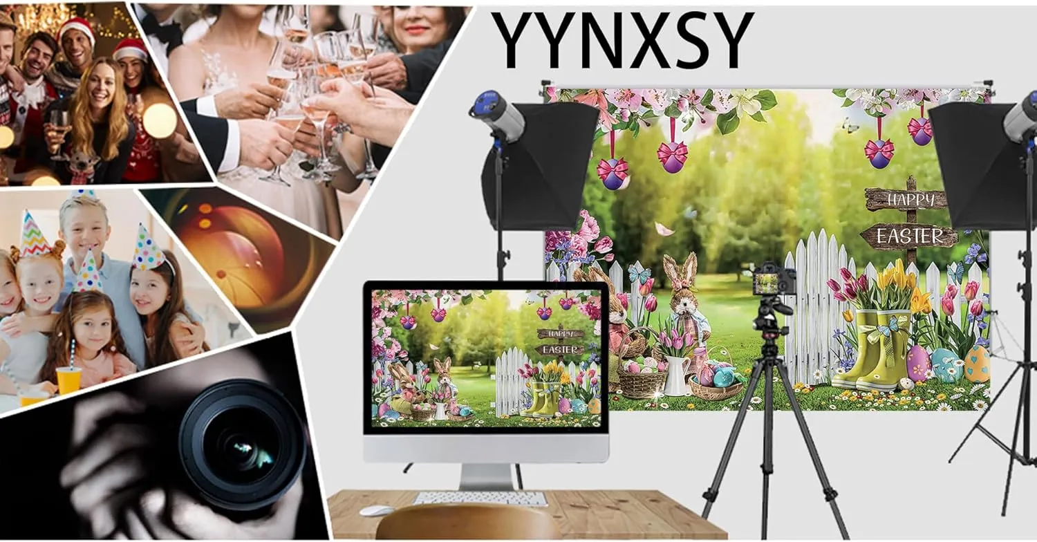 YYNXSY Easter Backdrop, Easter Bunny Photography Backdrop, Farmhouse Easter Happy Lily Tulip Backdrop, Picture Background Spring Easter Party Decoration Banner Booth Props 10X8FT YY-6008