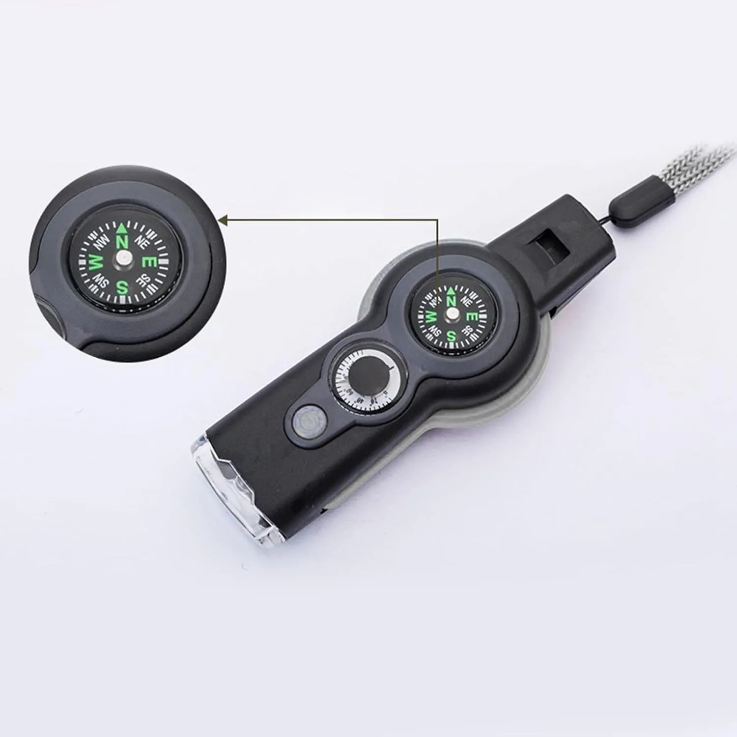 Zhong 7 in 1 Emergency Survival Whistle Compass Magnifier Lens LED Signal Lights