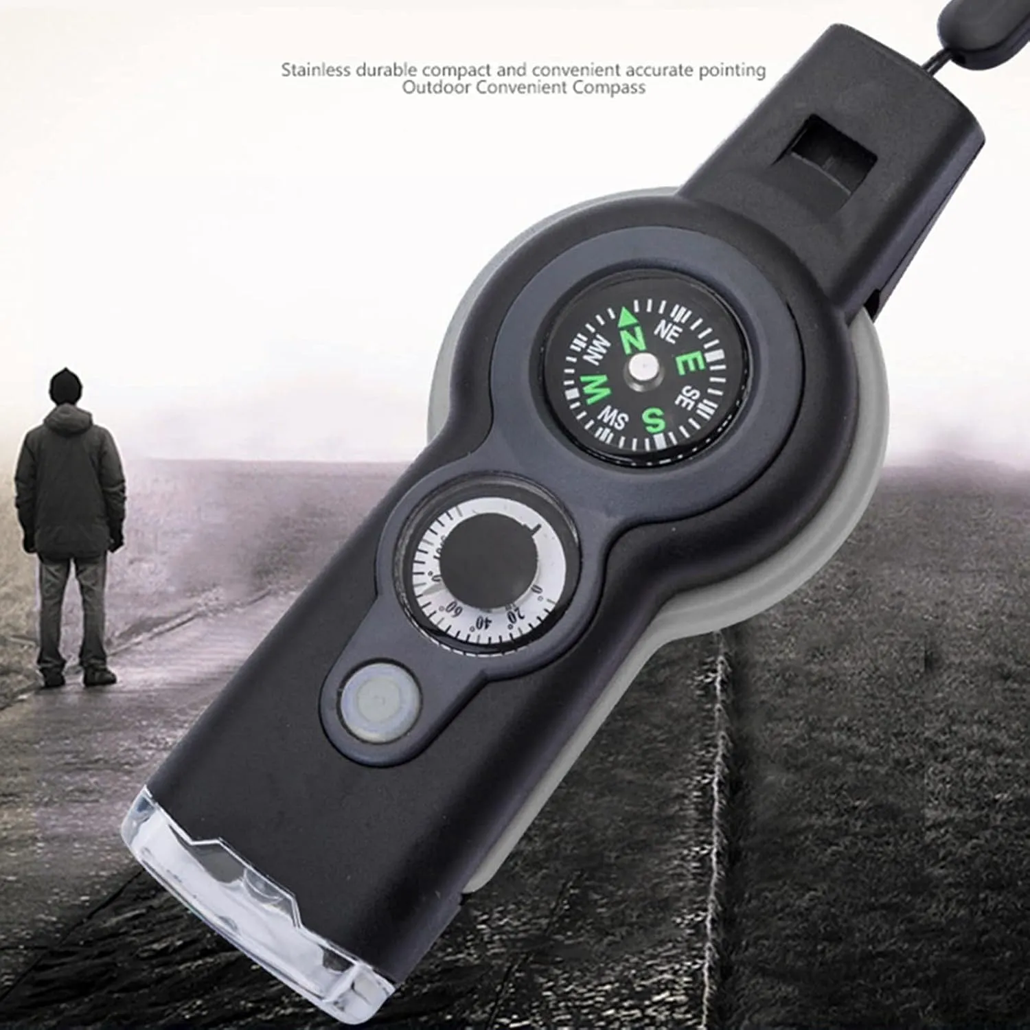 Zhong 7 in 1 Emergency Survival Whistle Compass Magnifier Lens LED Signal Lights