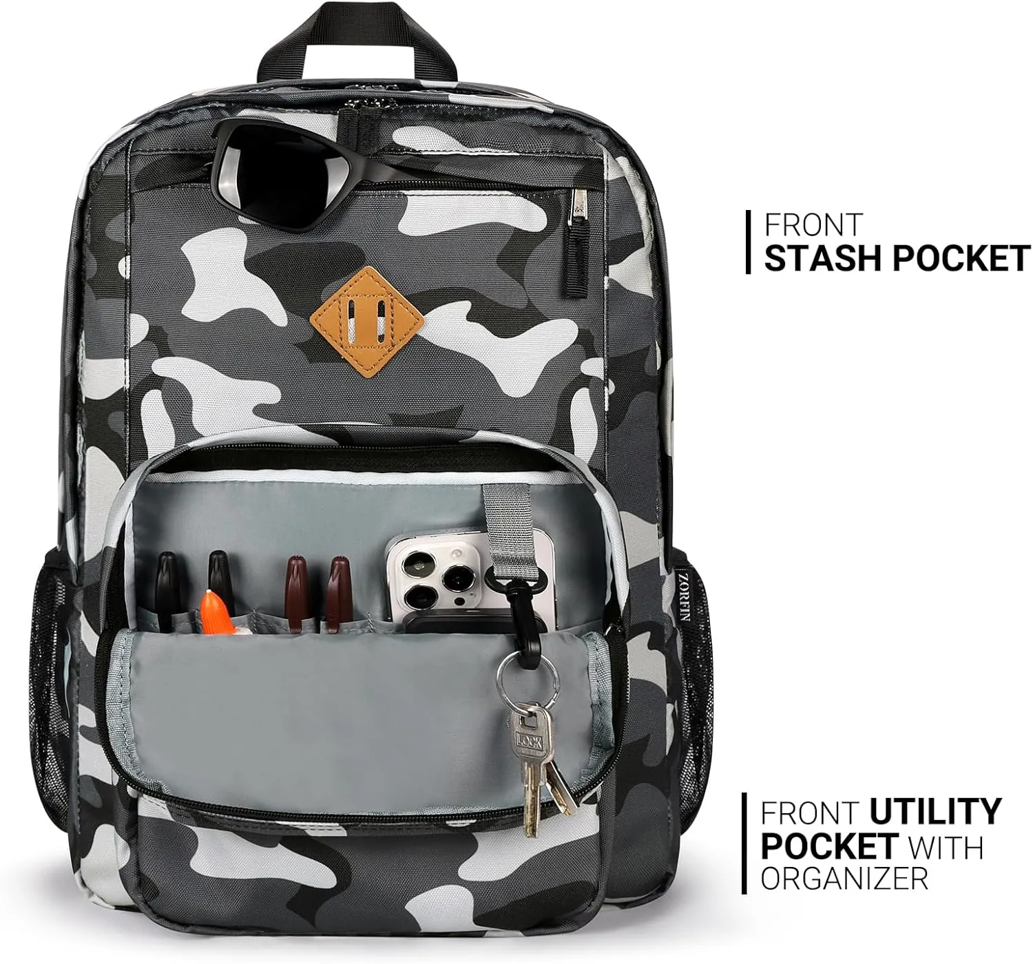 ZORFIN 26L Backpack for School, College, and Travel: Water Resistant Bookbag with 8 Compartments - Camo Black