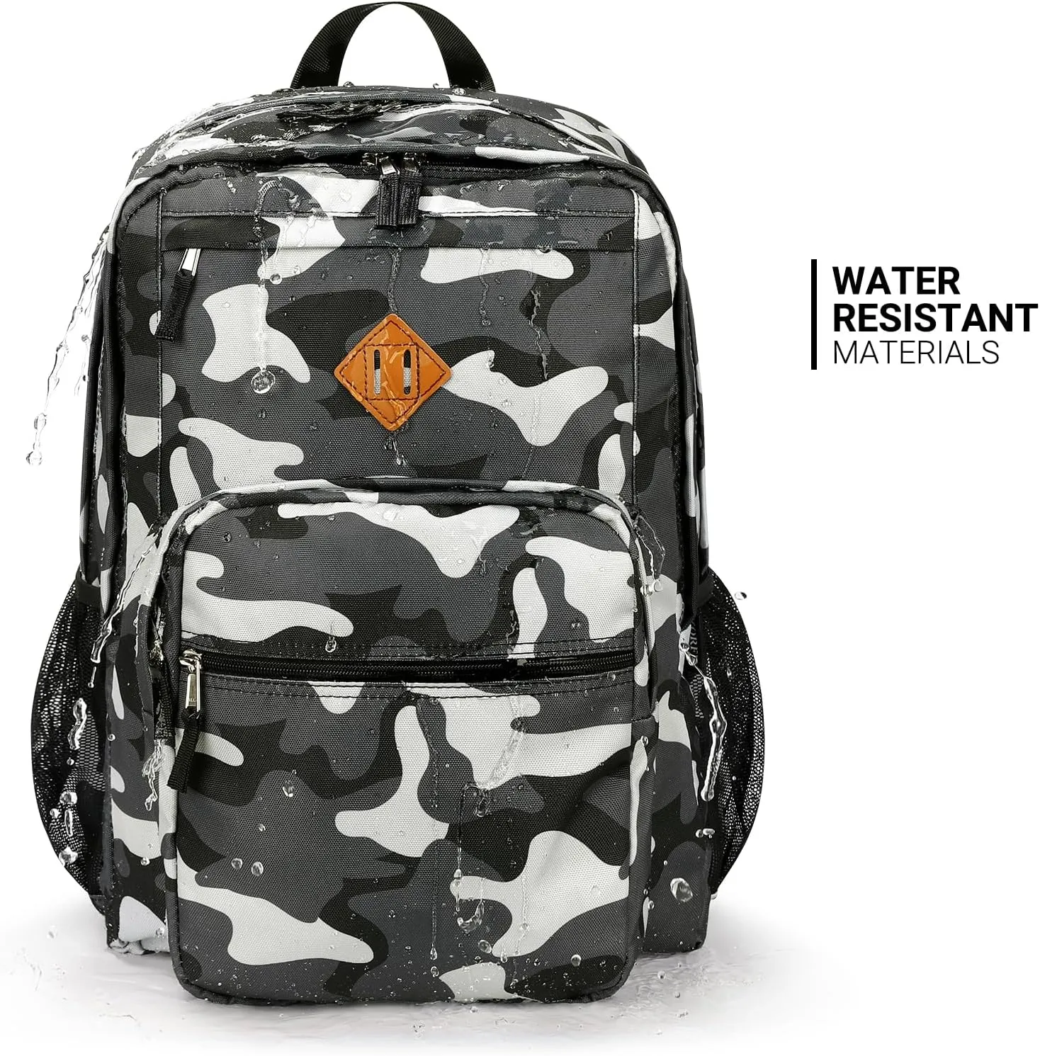 ZORFIN 26L Backpack for School, College, and Travel: Water Resistant Bookbag with 8 Compartments - Camo Black