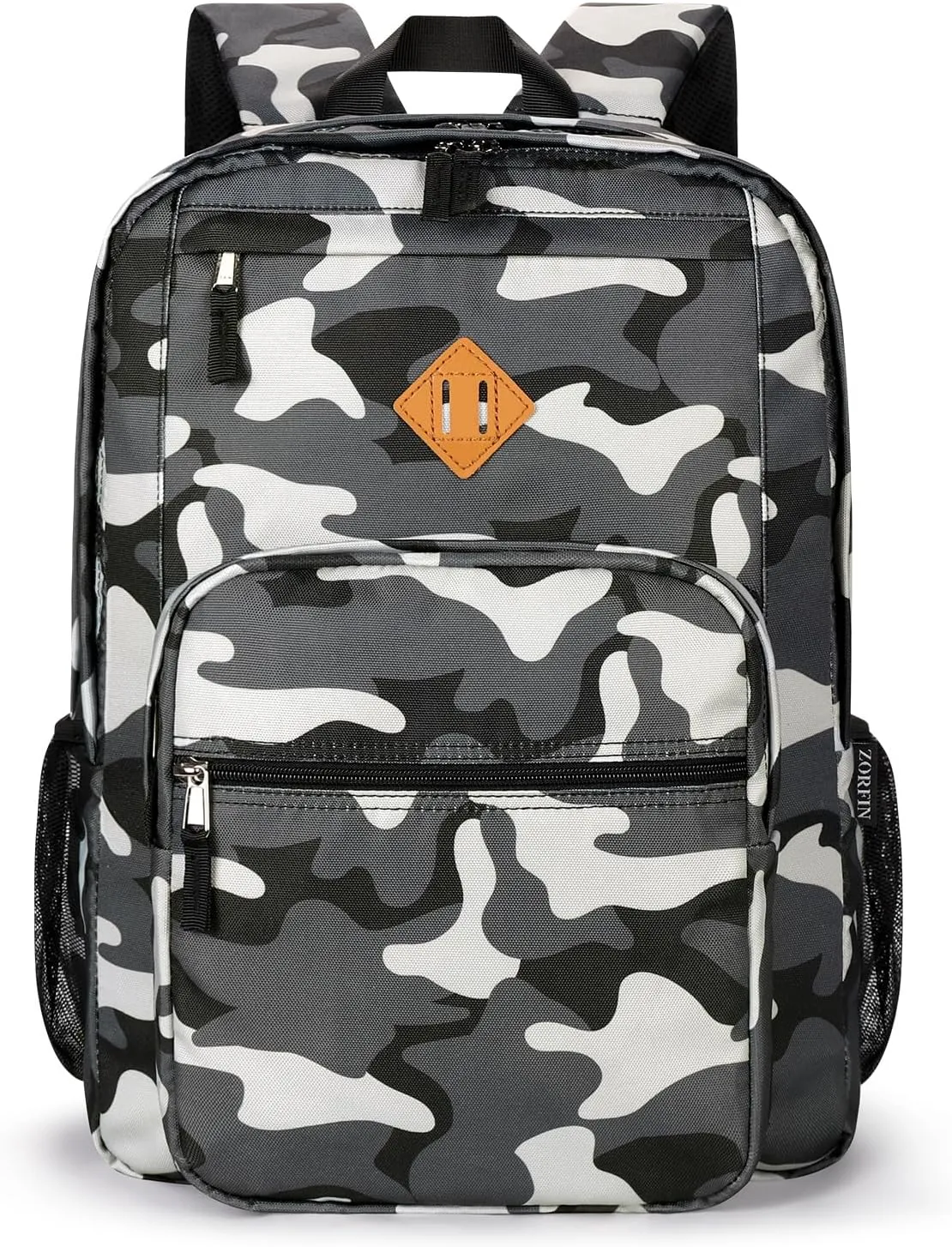 ZORFIN 26L Backpack for School, College, and Travel: Water Resistant Bookbag with 8 Compartments - Camo Black