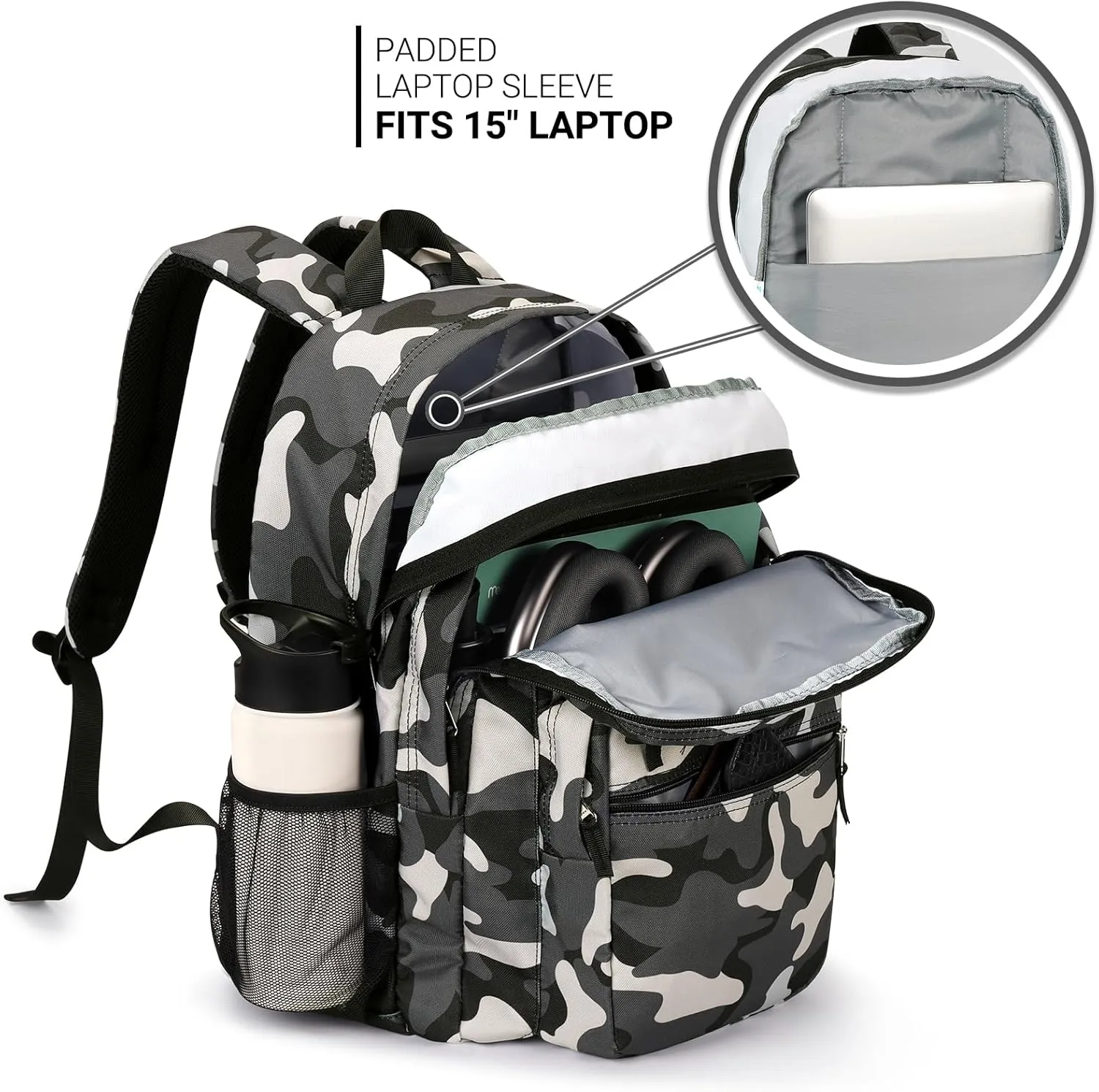 ZORFIN 26L Backpack for School, College, and Travel: Water Resistant Bookbag with 8 Compartments - Camo Black