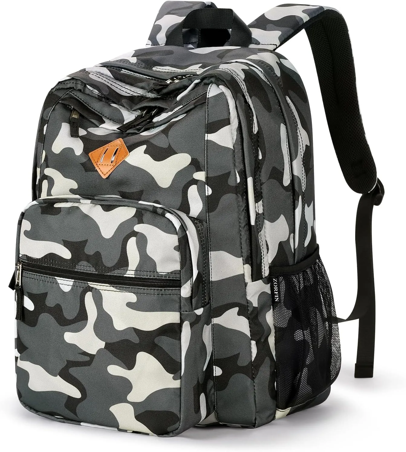 ZORFIN 26L Backpack for School, College, and Travel: Water Resistant Bookbag with 8 Compartments - Camo Black