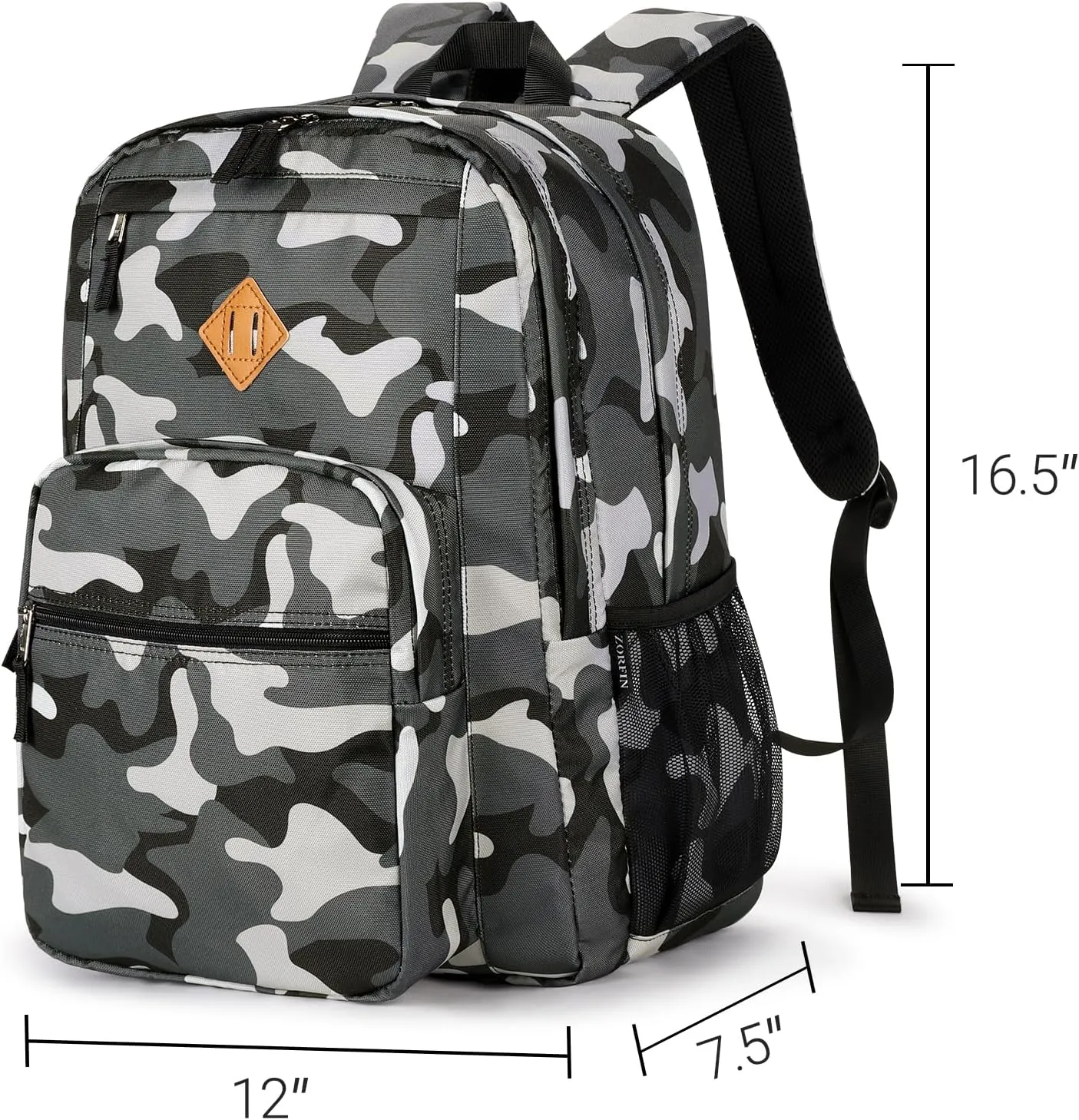 ZORFIN 26L Backpack for School, College, and Travel: Water Resistant Bookbag with 8 Compartments - Camo Black