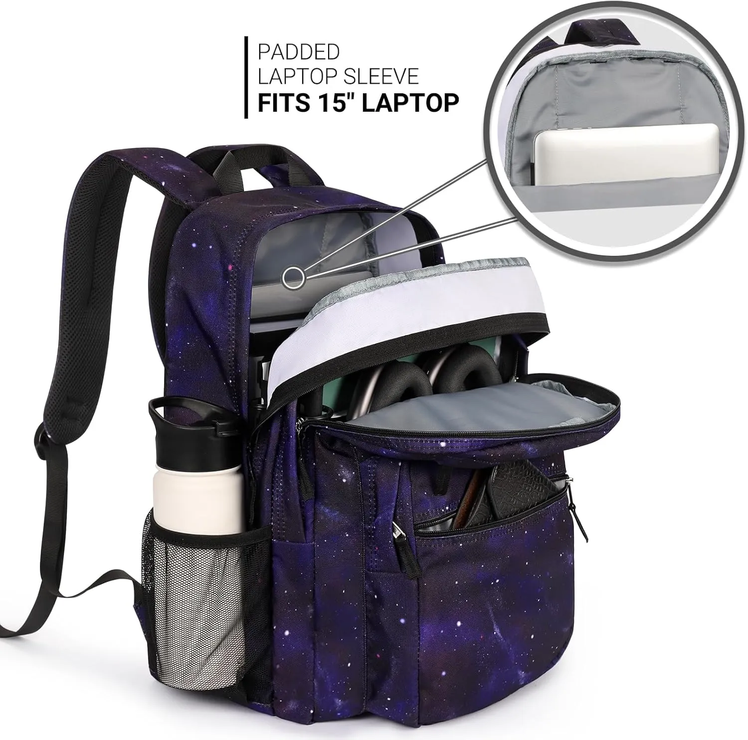 ZORFIN 26L Backpack for School, College, and Travel: Water Resistant Bookbag with 8 Compartments - Night Sky