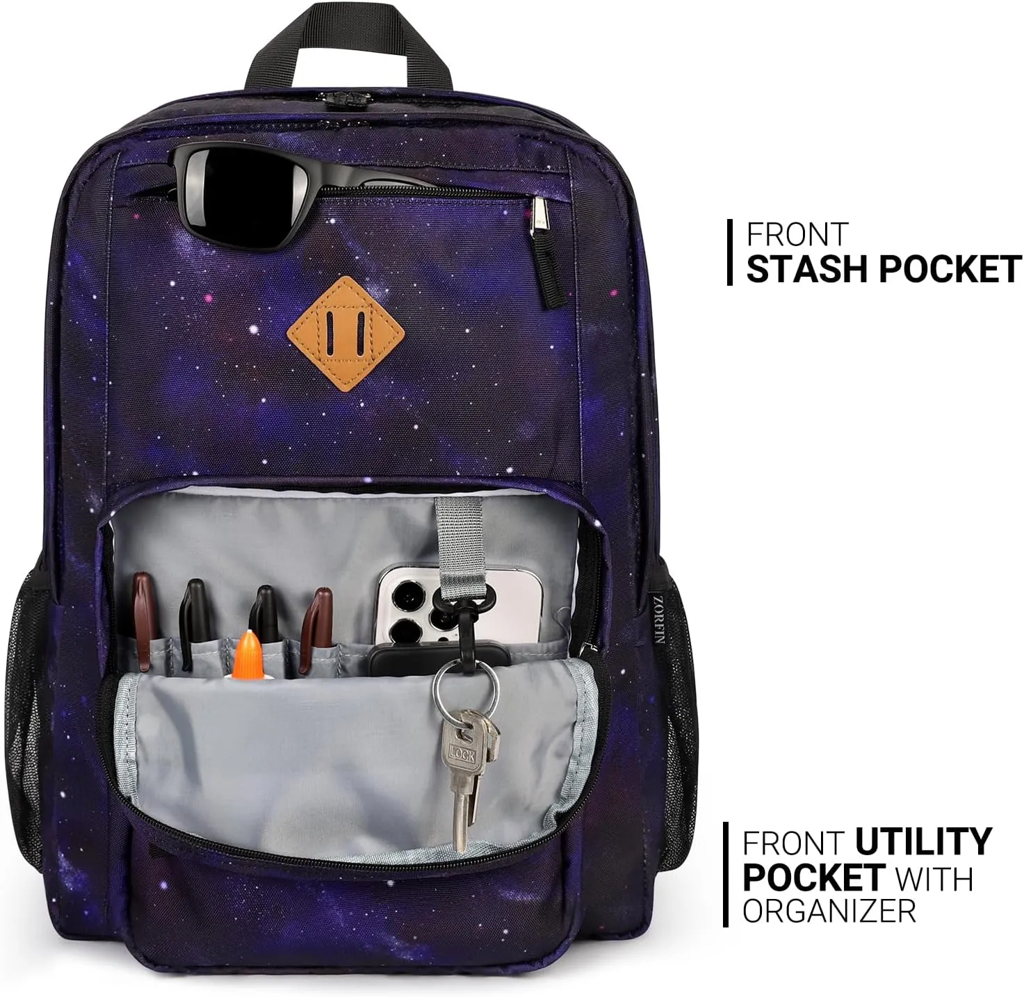 ZORFIN 26L Backpack for School, College, and Travel: Water Resistant Bookbag with 8 Compartments - Night Sky